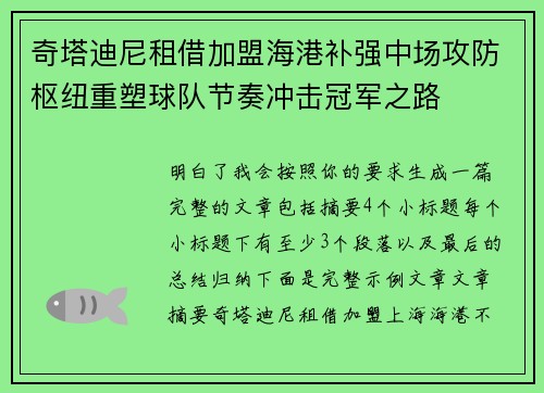 奇塔迪尼租借加盟海港补强中场攻防枢纽重塑球队节奏冲击冠军之路 奇塔迪尼租借加盟海港补强中场攻防枢纽重塑球队节奏冲击冠军之路